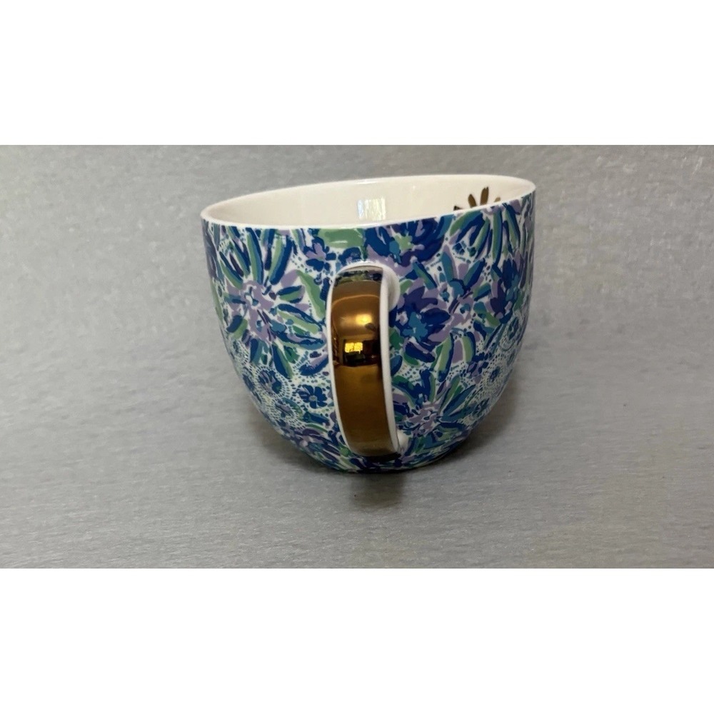 Lilly Pulitzer Hidden Cat Coffee Mug W/ Gold Trim And Blue Floral Pattern 12oz